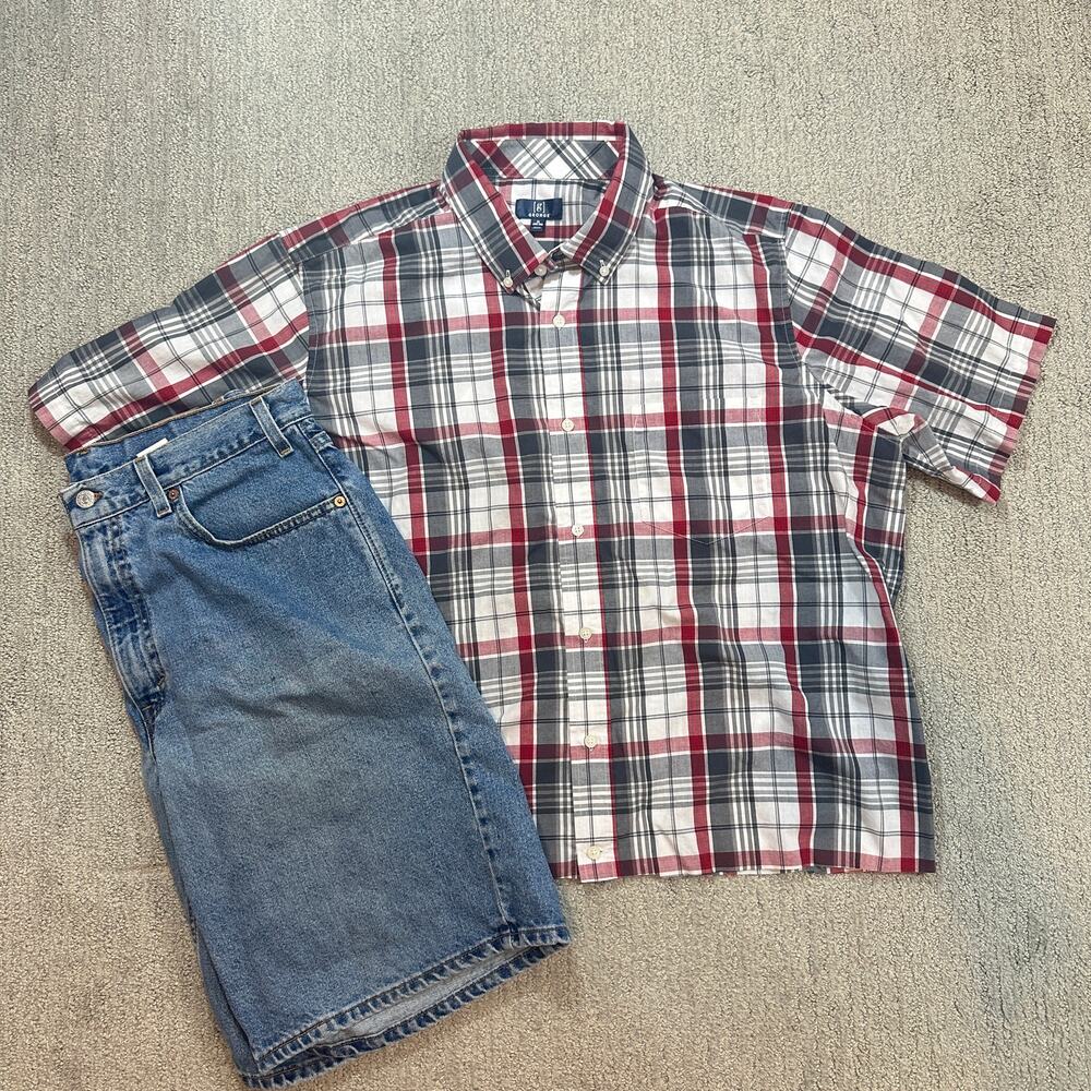 Gray/Red Y2K Surf Style Boxy Cropped Button Up Shirt